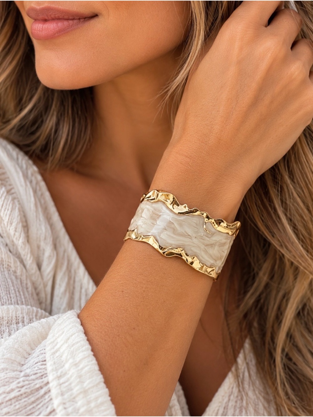 Gold-Trim Cream Cuff Bracelet by